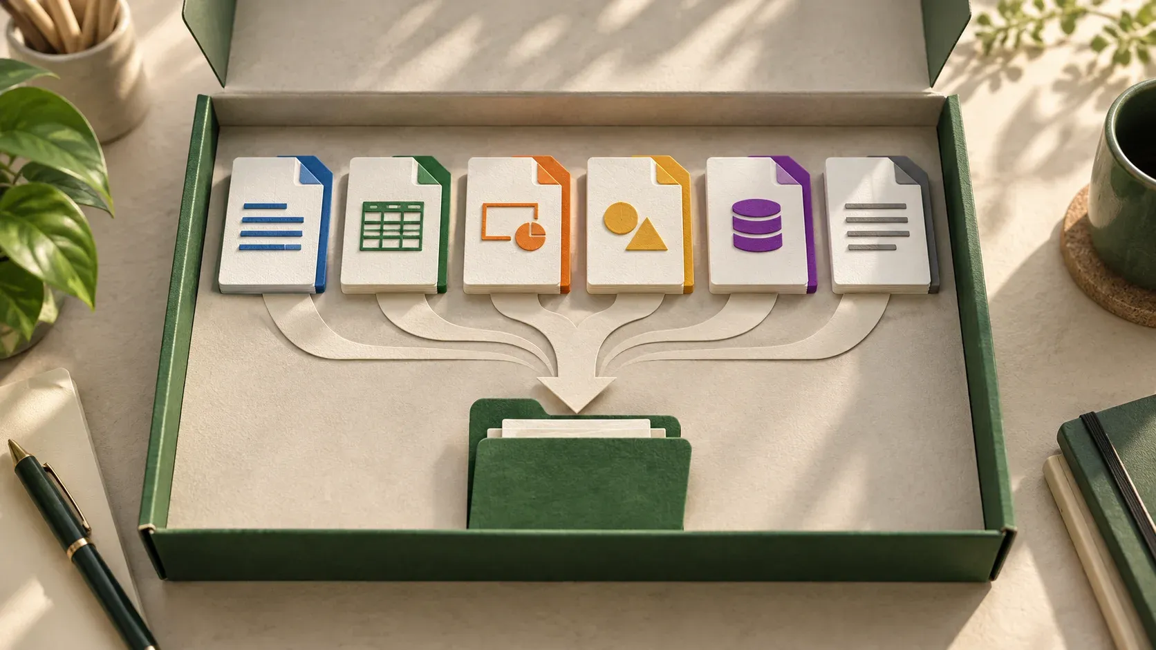 Открытый зелёный пакет с листами приложений LibreOffice, переходящими в папку
